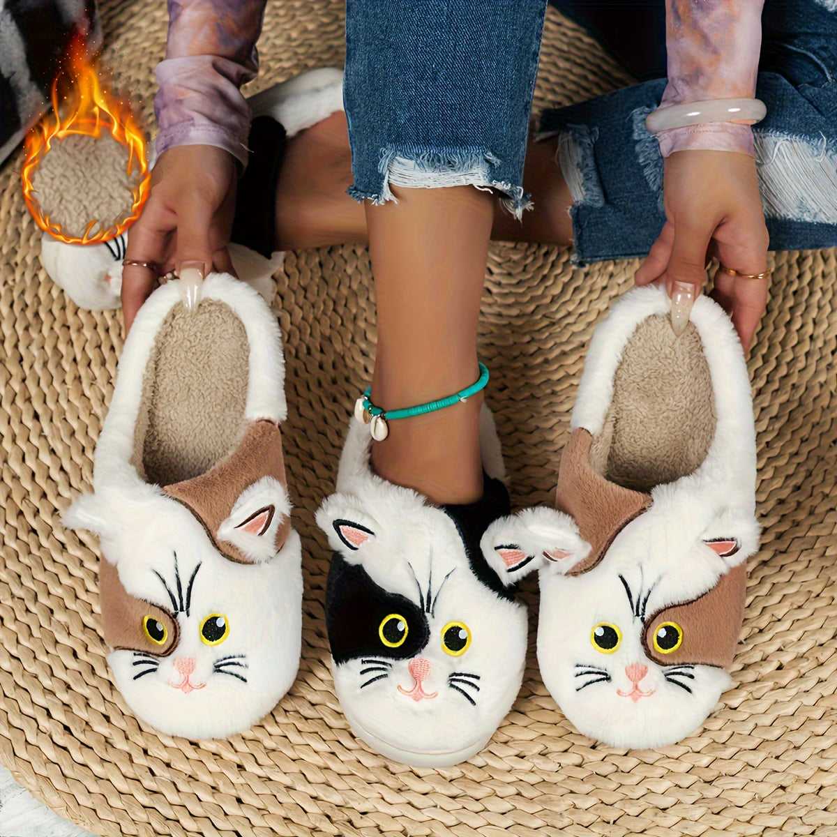 Cute Cartoon Cat Design Slippers, Casual Slip On Plush Lined Shoes, Comfortable Indoor Home Slippers